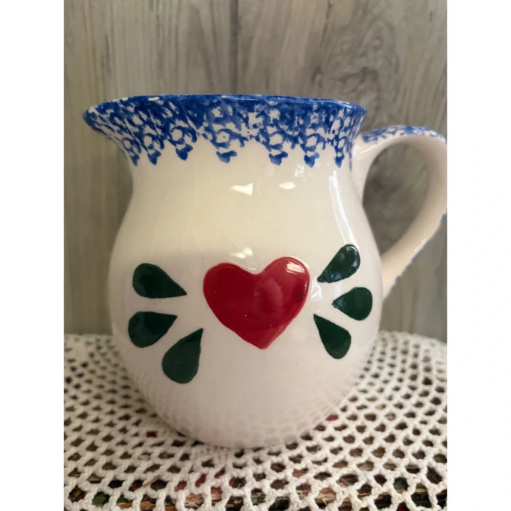 Vintage Style Ceramic Heart Pitcher Blue Sponged Trim Decorative Farmhouse Jug